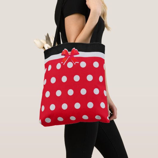 Modern Polka Dots on Black & Red Tote Bag (Dichtbij)