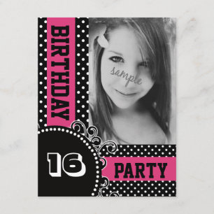 Modern Polka Dots Pink Girl Party met foto Kaart