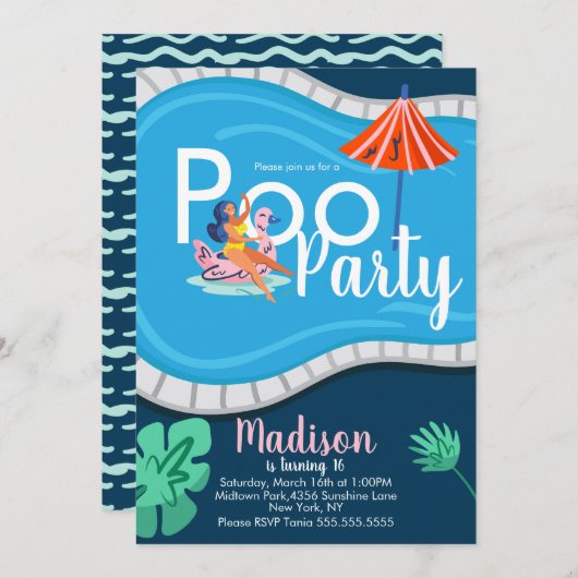 Modern Pool Party Verjaardag Tiener Uitnodiging vo (Voorkant / Achterkant)
