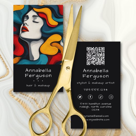 Modern Pop Art Retro Colorful Hair Makeup QR Code Visitekaartje