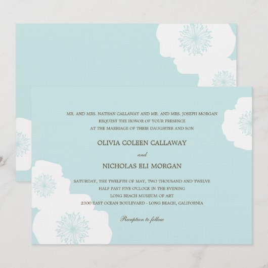 Modern Poppies Wedding Invitation - Aqua Blue Kaart (Voorkant / Achterkant)