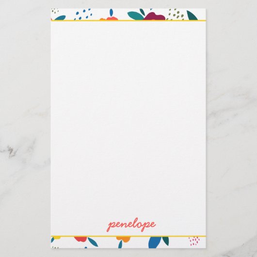 Modern Poppy Floral Pattern Coral Script Name Briefpapier (Voorkant)