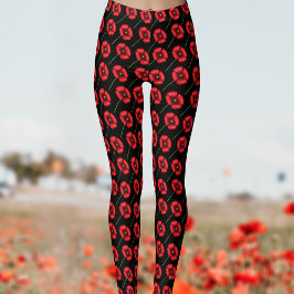 Modern Poppy Flower Pattern Rood Zwart Leggings