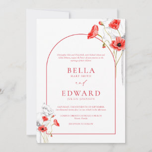 Modern Poppy Red Waterverf Flowers Formal Wedding Kaart