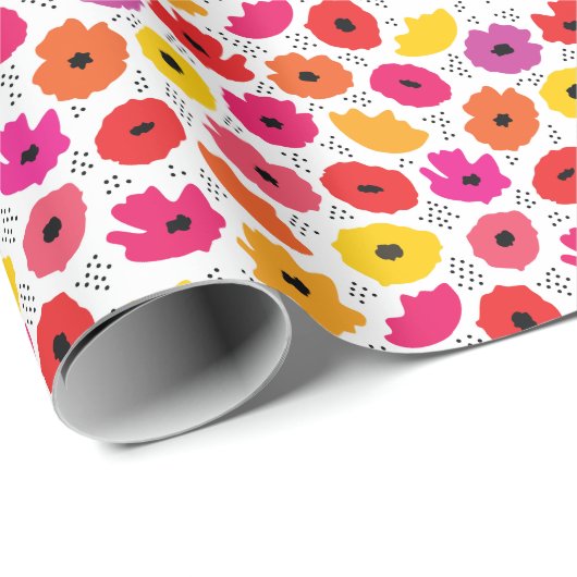 Modern Poppy Roze Rood Sinaasappel Bloemen Stippen Cadeaupapier (Rol Hoek)