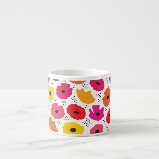 Modern Poppy Roze Rood Sinaasappel Bloemen Stippen Espresso Kop (Voorkant)