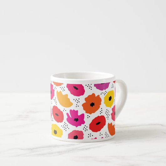 Modern Poppy Roze Rood Sinaasappel Bloemen Stippen Espresso Kop (Voorkant rechts)