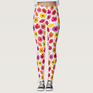 Modern Poppy Roze Rood Sinaasappel Bloemen Stippen Leggings