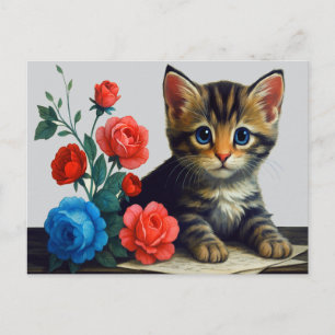 Modern Portret van een Cute Kitten Kleurrijke Bloe Feestdagenkaart