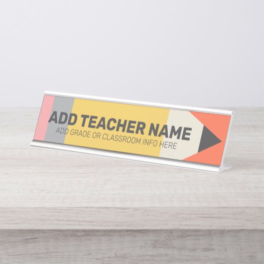 Modern potlood met informatie over leraar en leslo bureau naambordje (Voorkant)