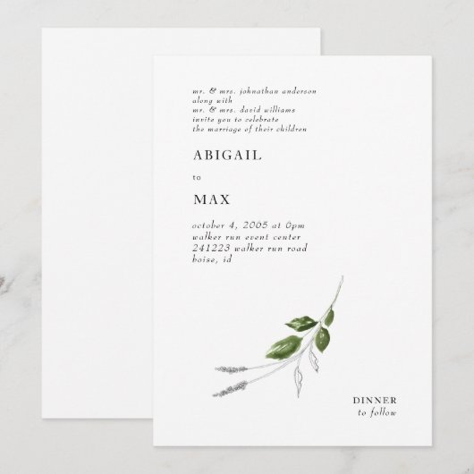 Modern Potlood & Waterverf Greenery Wedding Kaart (Voorkant / Achterkant)