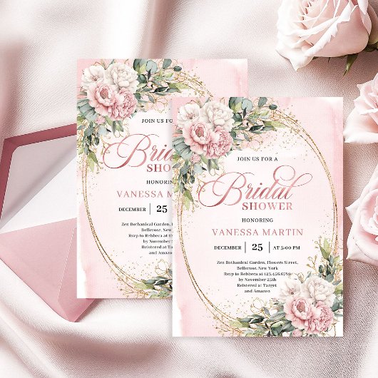 Modern Powder Pink Flowers Gold Bridal Shower Kaart