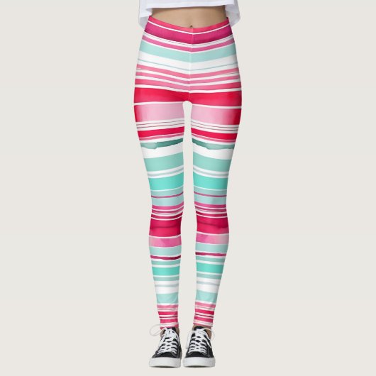 Modern Preppy Cyan Magenta Waterverf Streep Leggings (Voorkant)