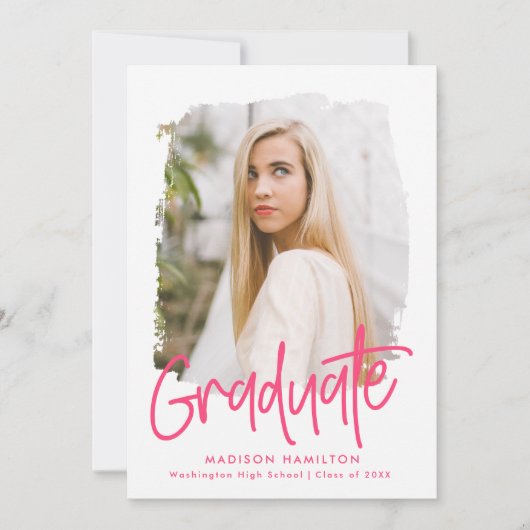 Modern Preppy Hot Pink Script Photo Afstuderen Aankondiging (Voorkant)