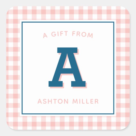 Modern Preppy Monogram en Gingham Vierkante Sticker (Voorkant)