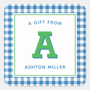 Modern Preppy Monogram en Gingham Vierkante Sticker