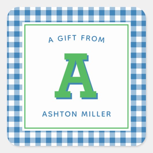 Modern Preppy Monogram en Gingham Vierkante Sticker (Voorkant)