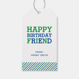 Modern Preppy Monogram en Stripe Happy Birthday Cadeaulabel