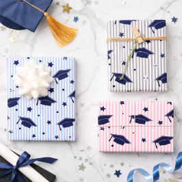 Modern Preppy Navy Blauwe Afstudeerhoed Patroon Inpakpapier Vel
