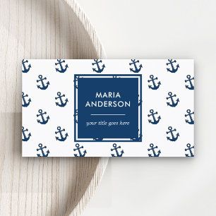 Modern Preppy Navy Blue Nautical Anchors Pattern Visitekaartje