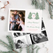 Modern Preppy Pink Green Monogram Bow Photo  Feestdagenkaart