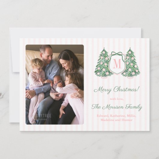 Modern Preppy Pink Green Monogram Bow Photo  Feestdagenkaart (Voorkant)