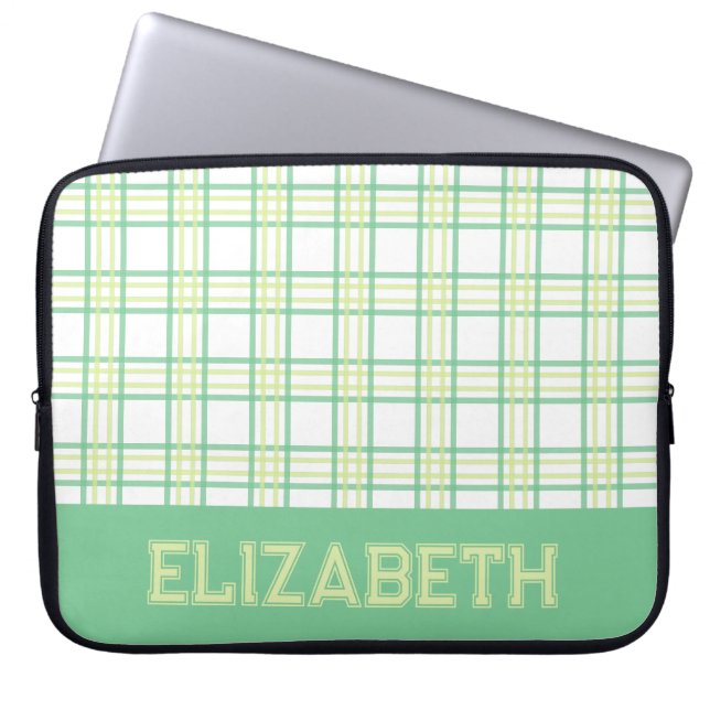 Modern Preppy Plaid Varsity Font Green Lime Laptop Sleeve (Voorkant)