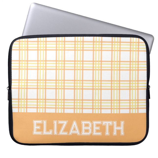Modern Preppy Plaid Varsity Font Orange Yellow Laptop Sleeve (Voorkant)