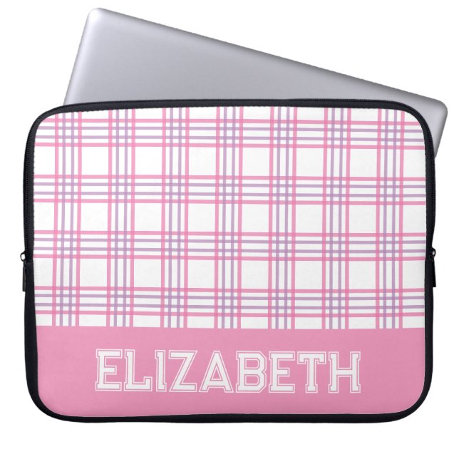 Modern Preppy Plaid Varsity Font Pink Purple Laptop Sleeve (Voorkant)