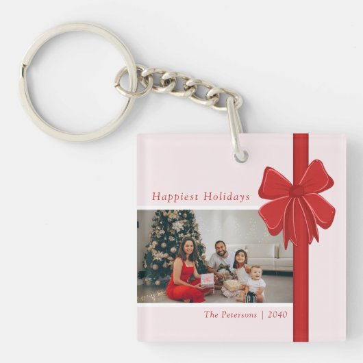 Modern Preppy Red Ribbon Bow Wrap Photo Christmas Sleutelhanger (Voorkant)