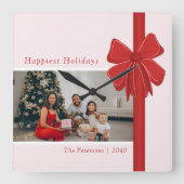 Modern Preppy Red Ribbon Bow Wrap Photo Christmas Vierkante Klok (Voorkant)
