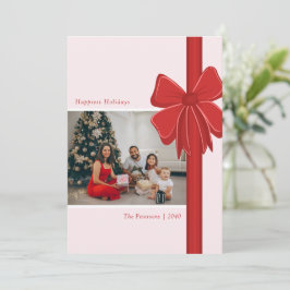 Modern Preppy Red Ribbon Bow Wrapped Photo Feestdagenkaart
