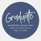 Modern Preppy Script Navy Afstuderen Ronde Sticker (Voorkant)