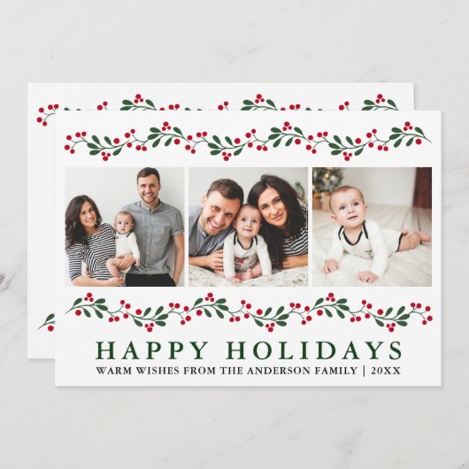 Modern Prettige feestdagen Berries Greenery 3 Foto Feestdagenkaart (Voorkant / Achterkant)