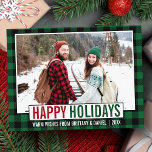 Modern Prettige feestdagen Foto Green Play Briefkaart<br><div class="desc">Prettige feestdagen Moderne foto Groen en Rood Vakantie Briefkaart - Rustiek Groen Plaid</div>