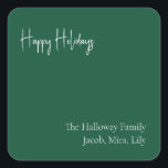 Modern Prettige feestdagen Green Family Gift Vierkante Sticker<br><div class="desc">Deze moderne prettige feestdagen groene cadeauvierkante sticker is ideaal voor uw minimalistische shabby chic boho green and white vakantion groet. De minimale witte handgeschreven kalligrafie is delicaat en robuust, terwijl het klasje en elegant blijft. U zult vinden dat alles over dit product editable is, zodat voel vrij om afbeeldingen of...</div>