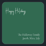 Modern Prettige feestdagen Green Family Gift Vierkante Sticker<br><div class="desc">Deze moderne prettige feestdagen groene cadeauvierkante sticker is ideaal voor uw minimalistische shabby chic boho green and white vakantion groet. De minimale witte handgeschreven kalligrafie is delicaat en robuust, terwijl het klasje en elegant blijft. U zult vinden dat alles over dit product editable is, zodat voel vrij om afbeeldingen of...</div>