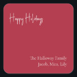 Modern Prettige feestdagen | Rood Gezinsgeschenk Vierkante Sticker<br><div class="desc">Deze moderne prettige feestdagen | Red family gift square sticker is perfect voor je minimalistische shabby chic boho red and white vakantion groet. De minimale witte handgeschreven kalligrafie is delicaat en robuust, terwijl het klasje en elegant blijft. U zult vinden dat alles over dit product editable is, zodat voel vrij...</div>