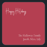 Modern Prettige feestdagen | Rood Gezinsgeschenk Vierkante Sticker<br><div class="desc">Deze moderne prettige feestdagen | Red family gift square sticker is perfect voor je minimalistische shabby chic boho red and white vakantion groet. De minimale witte handgeschreven kalligrafie is delicaat en robuust, terwijl het klasje en elegant blijft. U zult vinden dat alles over dit product editable is, zodat voel vrij...</div>