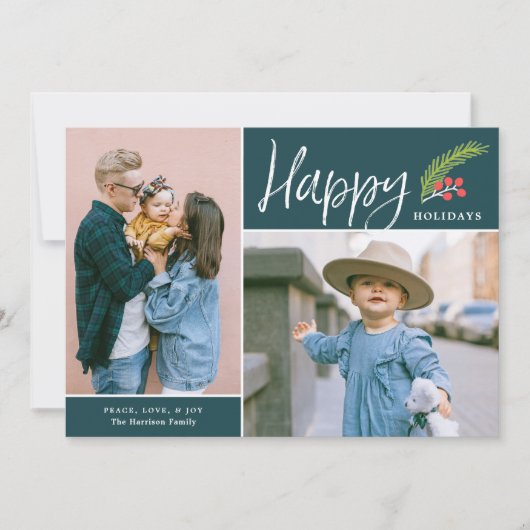 Modern Prettige feestdagen twee foto Blauwgroen Feestdagenkaart (Voorkant)