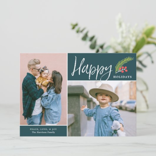 Modern Prettige feestdagen twee foto Blauwgroen Feestdagenkaart (Staand voorkant)