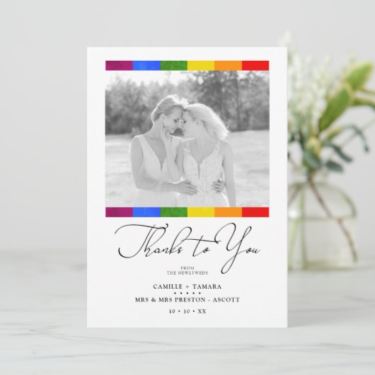 Modern Pride Rainbow Flag Lesbian Gay Wedding Bedankkaart (Staand voorkant)