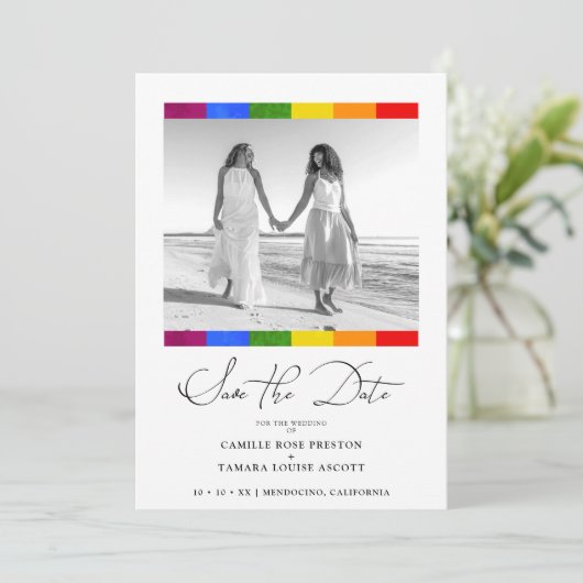 Modern Pride Rainbow Flag Lesbian Gay Wedding  Save The Date (Staand voorkant)