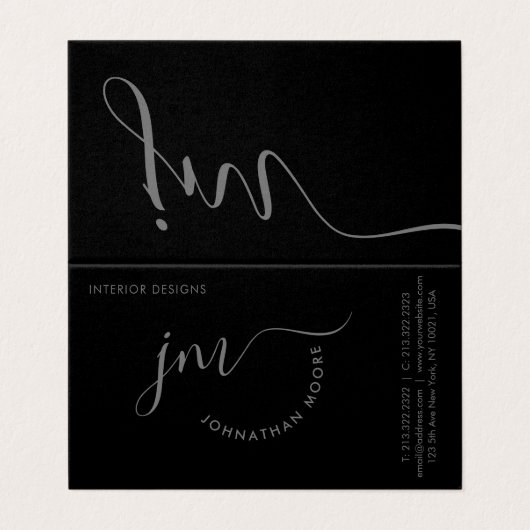 Modern Professional Black en Grey Script Monogram Visitekaartje (Buitenkant ongevouwen)