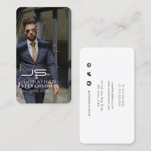 Modern Professional Black en White Photo Monogram Visitekaartje (Voorkant / Achterkant)