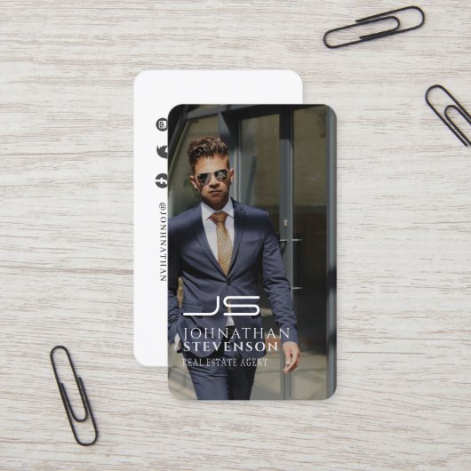 Modern Professional Black en White Photo Monogram Visitekaartje (Voorkant / Achterkant in situ)