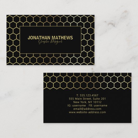Modern Professional Black Gold Hexagon Geometry Visitekaartje (Voorkant / Achterkant)