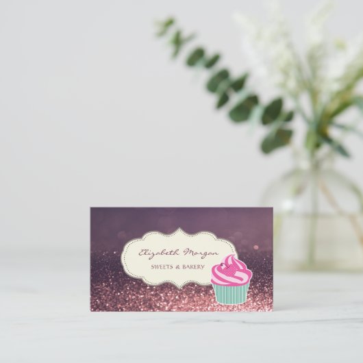 Modern Professional, Glitter Bokeh, Cupcake Bakery Visitekaartje (Staand voorkant)