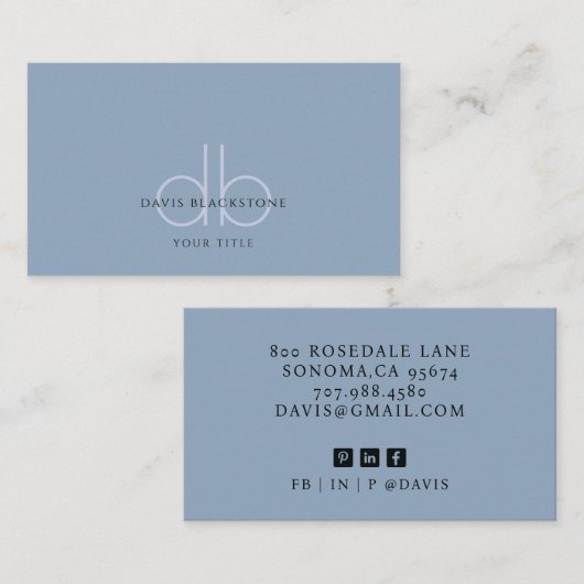 Modern Professional Monogram Blue Visitekaartje (Voorkant / Achterkant)