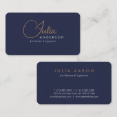 Modern Professional Navy Blue en Gold Script Visitekaartje (Voorkant / Achterkant)